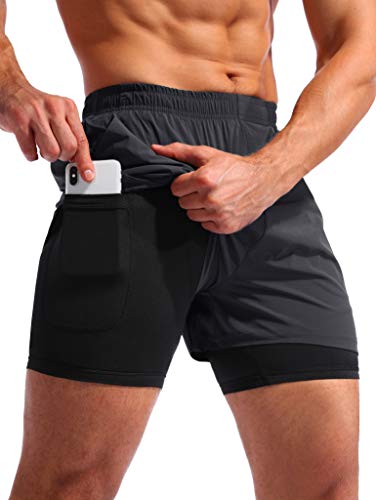 Pudolla Herren 2-in-1 Laufshorts 12,7 cm schnell trocknende Gym Athletic Workout Shorts für Herren mit Handytaschen, grau dunkel, Klein von Pudolla