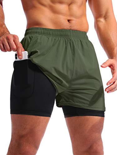 Pudolla Herren 2 in 1 Laufshorts 5 Zoll schnell trocknend Gym Athletic Workout Shorts für Männer mit Handytaschen, dunkelgrün, Klein von Pudolla