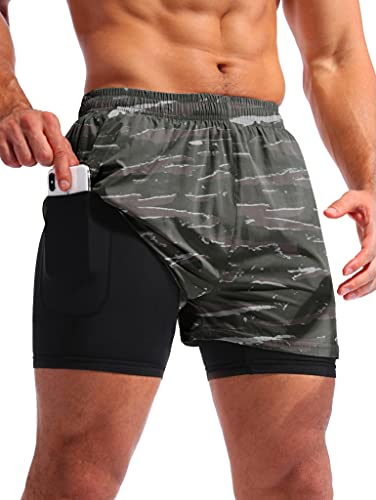 Pudolla Herren 2 in 1 Laufshorts 5 Zoll schnell trocknend Gym Athletic Workout Shorts für Männer mit Handytaschen, tiger, Groß von Pudolla