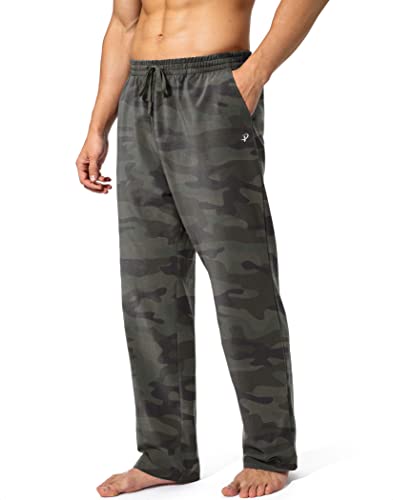 Pudolla Herren Baumwolle Yoga Sweatpants Athletic Lounge Hose Offene Unterseite Freizeit Jersey Hose für Männer mit Taschen, Grün, Camouflage, 3XL von Pudolla