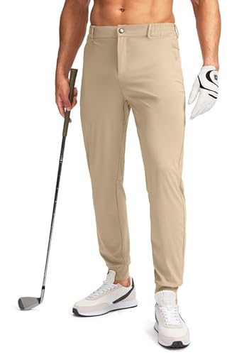 Pudolla Herren-Golfhose mit Reißverschlusstaschen, Stretch, schmale Passform, leicht, lässig, Golfhose für Herren, Hellkhaki, Mittel von Pudolla