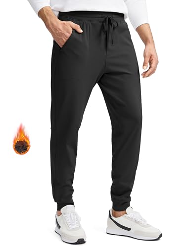 Pudolla Herren-Jogginghose mit Fleece gefüttert, mit 3 Reißverschlusstaschen, warme Hose für Winter, Laufen, Workout, Fitnessstudio, Golf, schwarz, Groß von Pudolla