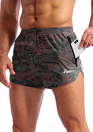 Pudolla Herren-Laufshorts 7,6 cm, schnell trocknend, für Fitnessstudio, athletische Workout-Shorts für Herren, mit Reißverschlusstaschen, E Camo Red, Mittel von Pudolla