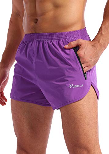 Pudolla Herren Laufshorts 7,6 cm schnell trocknend Fitnessstudio Athletic Workout Shorts für Männer mit Reißverschlusstaschen, violett, Groß von Pudolla