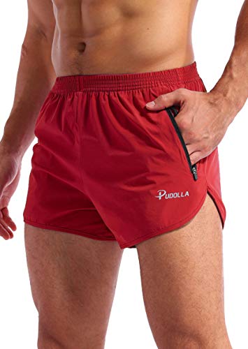 Pudolla Laufshorts für Herren, 7,6 cm, schnelltrocknend, mit Reißverschlusstaschen - Rot - XX-Large von Pudolla