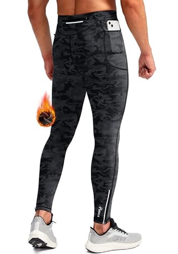 Pudolla Thermo-Laufhose für Herren, mit 3 Reißverschlusstaschen, Workout, Kompressions-Leggings, Radfahren, für Herren, Wandern, Joggen, Schwarz-Camo, X-Groß von Pudolla