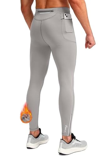 Pudolla Thermo-Laufhose für Herren, mit 3 Reißverschlusstaschen, Workout, Kompressions-Leggings, Radfahren, für Herren, Wandern, Joggen, hellgrau, X-Groß von Pudolla