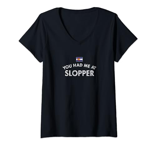 Damen Slopper Cheeseburger Hamburger Rot Grün Chili Sauce Bun Hot T-Shirt mit V-Ausschnitt von Pueblo Colorado Springs French Fries Tavern Gift