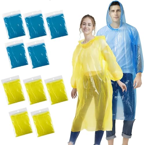 10 Stück Durchsichtig Regenponcho, Einweg Regenponcho Damen Herren, Regen Poncho mit Kapuze und Elastische Manschette, Wasserdicht Regencape Transparent (Gelb + Blau) von Puedno