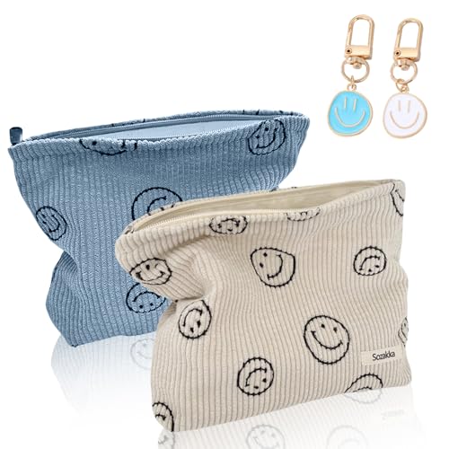 Puedno 2 STK Kosmetiktasche Cord, Lächeln Cosmetic Tasche, Make Up Schminktasche Damen, Groß Kapazität Kosmetiktasche Waschtasche mit 2 Stück Smiley Schlüsselanhänger (Weiß+Blau) von Puedno