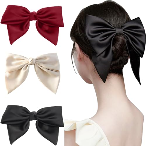 3 Stück Schleife Haarspange, Damen Haarspangen, Haarspangen mit Schleife, Französische Haarspangen für Frauen Mädchen(Schwarz+Beige+Rot) von Puedno