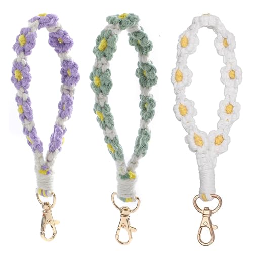 Puedno 3 Stück Boho Schlüsselanhänger, Gänseblümchen Makramee Keychain, Handgefertigtes Makramee Armband, Aesthetic Lanyard Schlüsselanhänger (Grün+Lila+Weiß) von Puedno
