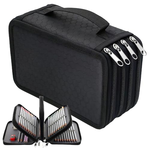 Puedno Federmäppchen Groß mit 72 Slots, Portable Mäppchen, 4 Fach Federtasche Groß mit Reißverschluss Tragegriff, Wasserdicht Federmappe für Buntstifte Marker Kugelschreiber, Schwarz von Puedno