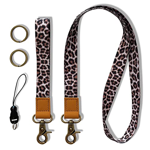 Schlüsselband,Leopardenmuster Umhängeband Universal mit 2 Metallringen,Lanyard Umhängeband und Schlüsselbänder Wristlet Lang und Kurz 2-Teiliges Set für Handy Schlüssel Arbeitskarte Unisex von Puedno