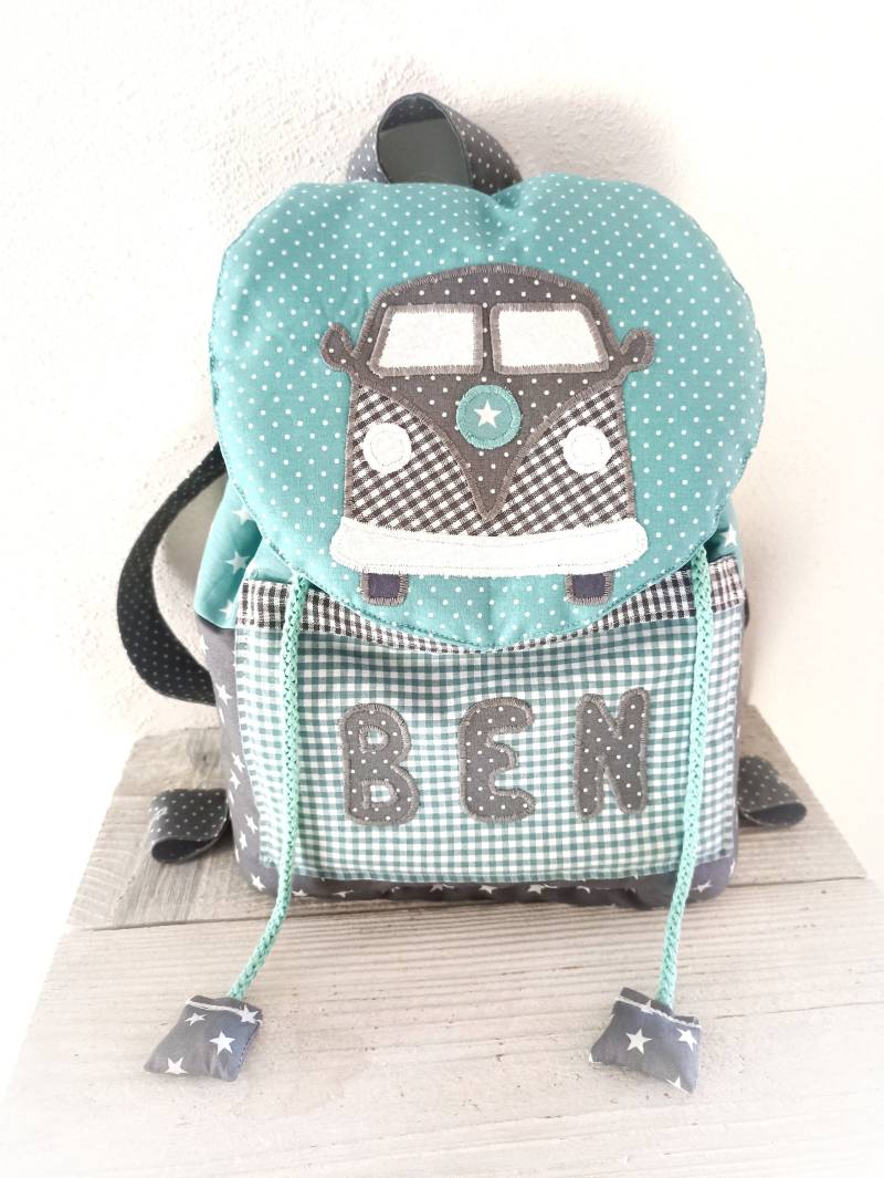 Kindergarten Rucksack Bulli Grau Mint Türkis Mit Wunschnamen von PueppisWelt