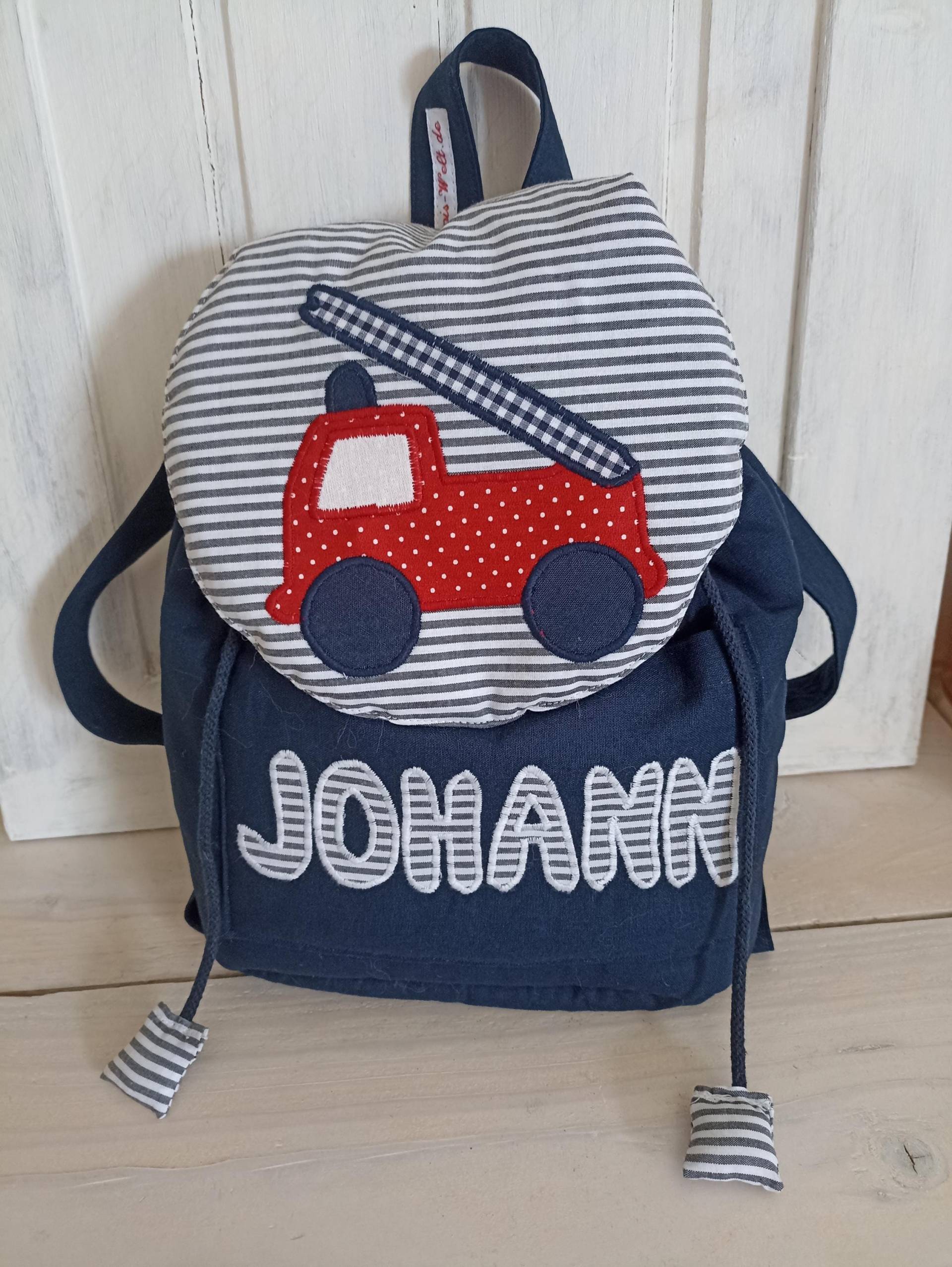 Kindergarten Rucksack Feuerwehrauto Rot Blau Mit Namen von PueppisWelt