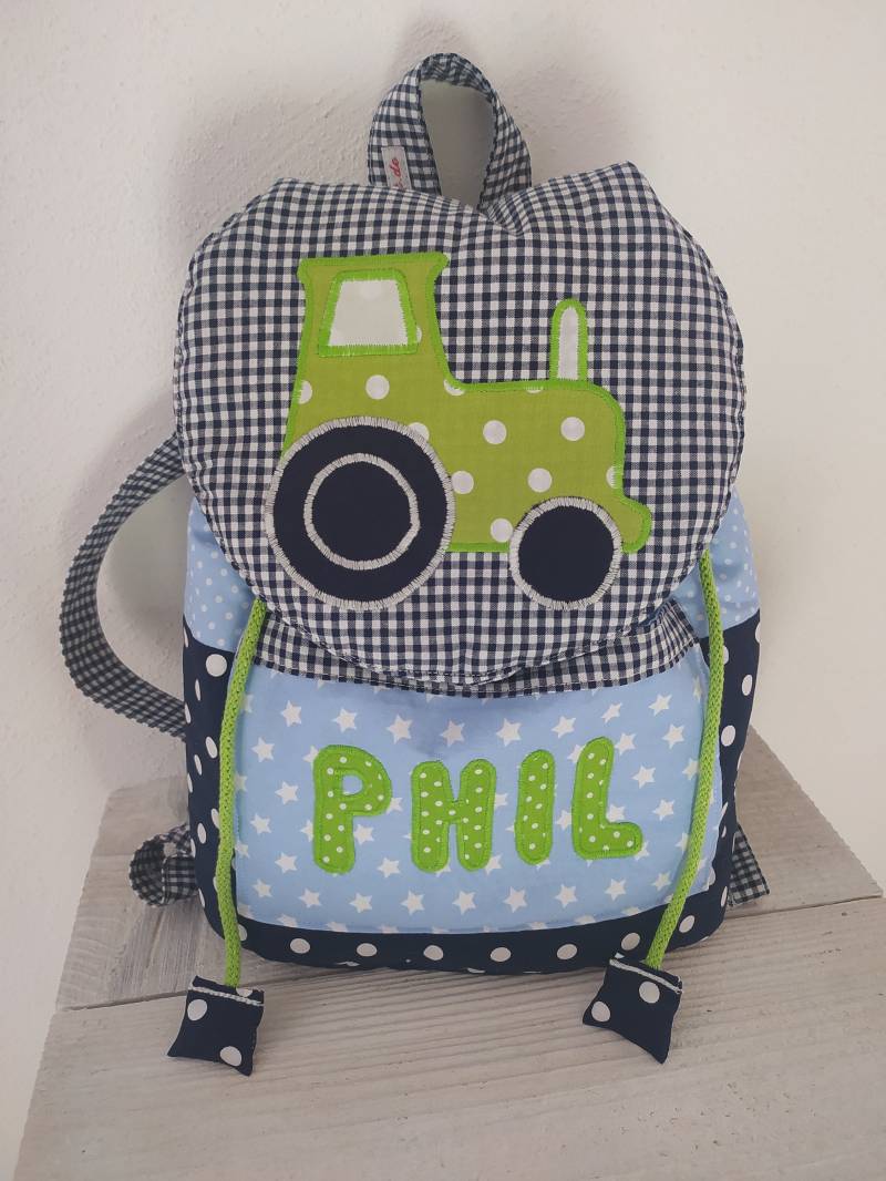 Kindergarten-Rucksack Mit Namen Und Traktor Blau Grün von PueppisWelt