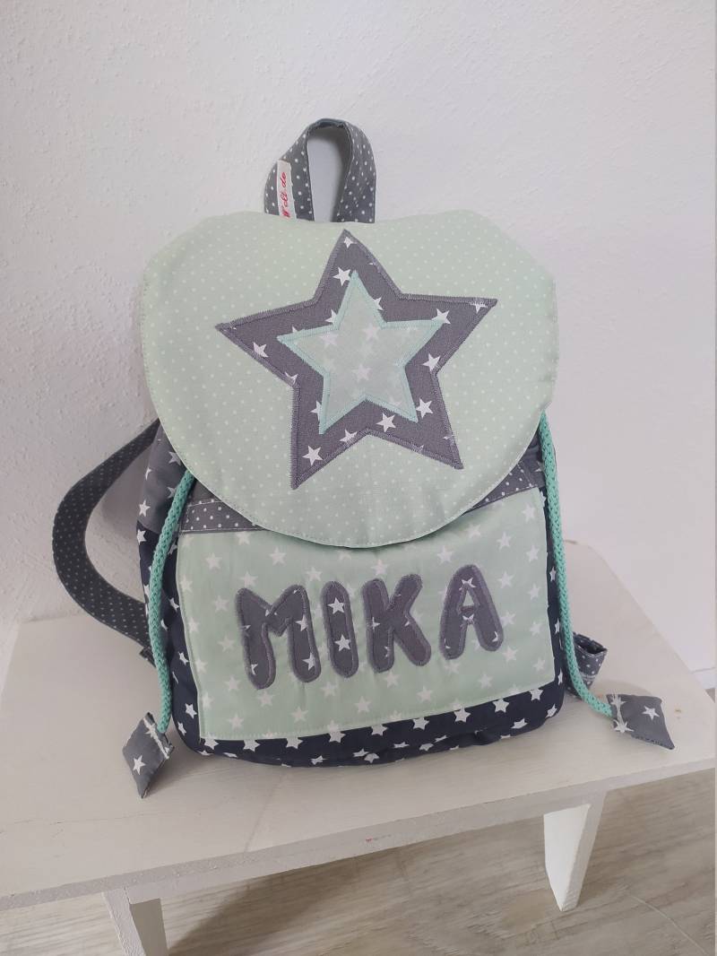 Kindergarten Rucksack Stern Grau Mint Mit Wunschnamen von PueppisWelt