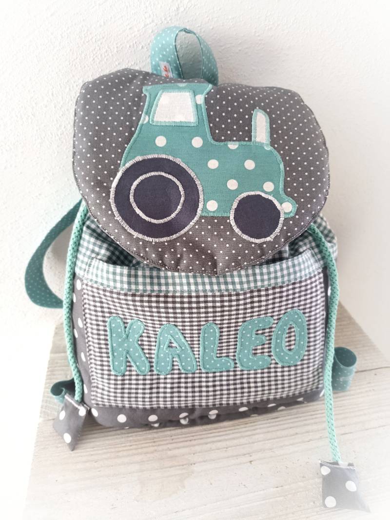 Kindergarten Rucksack Traktor Grau Mint Türkis Mit Wunschnamen von PueppisWelt