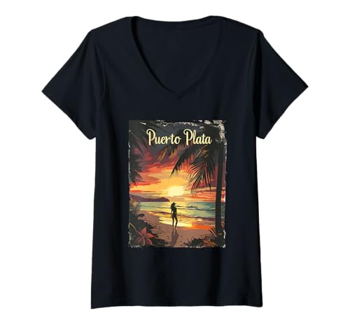 Damen Puerto Plata Sonnenuntergang Palmenparadies T-Shirt mit V-Ausschnitt von Puerto Plata Sunset Beach Tropical