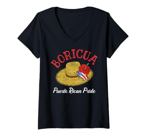 Damen Boricua Puerto Rico Pava Hat Amapola Coquí Frog Fun Hispanic T-Shirt mit V-Ausschnitt von Puerto Rican Boriqua Island Jíbaro Pride Men Women