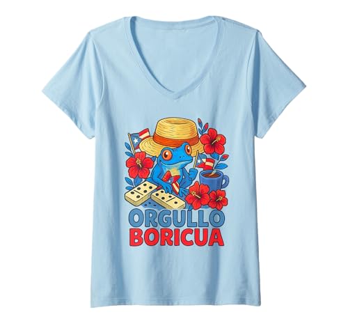Damen Orgullo Boricua Pava Hat Coquí Frog Domino Puerto Rico Flag T-Shirt mit V-Ausschnitt von Puerto Rican Boriqua Island Jíbaro Pride Men Women
