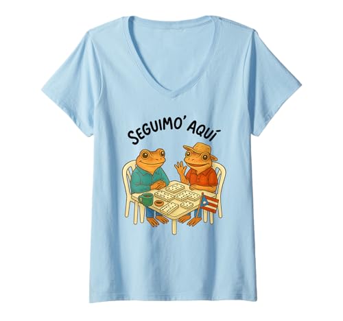 Damen Puerto Rico Seguimo Aqui Coquí Frog Dominoes Bandera Boricua T-Shirt mit V-Ausschnitt von Puerto Rican Boriqua Island Jíbaro Pride Men Women