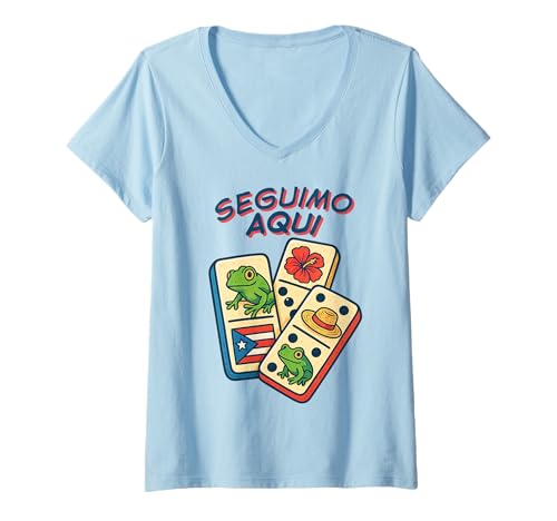 Damen Seguimo Aqui Boricua Coquí Frog Domino Pava Puerto Rico Flag T-Shirt mit V-Ausschnitt von Puerto Rican Boriqua Island Jíbaro Pride Men Women