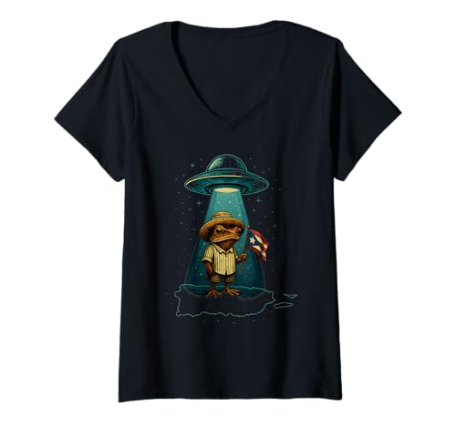 Damen Puerto Rico Coqui Frosch mit Rican Flag Taino Boricua UFO T-Shirt mit V-Ausschnitt von Puerto Rican Coqui UFO Hispanic Heritage Month Co.