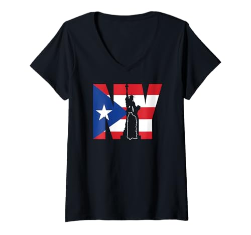 Damen Nuyorican New York Flagge von Puerto Rico Taino Boricua T-Shirt mit V-Ausschnitt Damen Nuyorican New York Flagge von Puerto Rico Taino Boricua T-Shirt mit V-Ausschnitt von Puerto Rican Flag NYC Hispanic Heritage Month