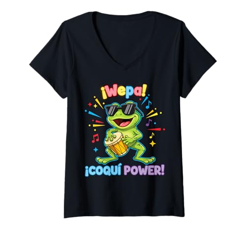 Damen Wepa! Coquí Power Fun Music Vibes T-Shirt mit V-Ausschnitt von Puerto Rican Heritage Celebration Music