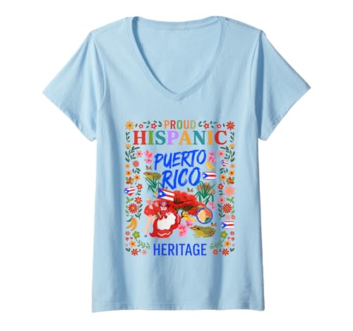 Damen Puerto Rico Flagge Frauen Idee Herencia Hispana Puertorriqueña T-Shirt mit V-Ausschnitt von Puerto Rican Hispanic Heritage Month Idea For Kids