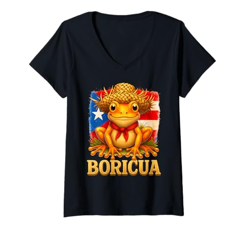 Damen Boricua Coqui Frosch Taino Puerto Rico Puerto Rico Flagge Kinder T-Shirt mit V-Ausschnitt von Puerto Rican Hispanic Heritage Puerto Rico Apparel