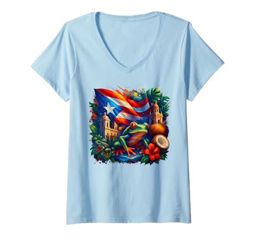 Damen Lustige Puerto Rico-Flagge Boricua Coqui Frosch Taino Puerto Rican T-Shirt mit V-Ausschnitt von Puerto Rican Hispanic Heritage Puerto Rico Apparel