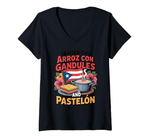 Damen Aufgewachsen auf Arroz Con Gandules Puerto Rican Food Design T-Shirt mit V-Ausschnitt von Puerto Rican Pride Boricua Foodie Latino Cuisine