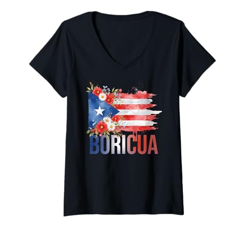 Damen Boricua Puerto Rico Flagge Blumen Stolzer Hispanic Heritage T-Shirt mit V-Ausschnitt von Puerto Rican Taino Yo Soy Borikua Pride Flag