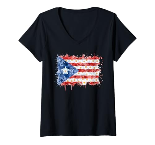 Damen Boricua Puerto Rico Flagge Blumen Stolzer Hispanic Heritage T-Shirt mit V-Ausschnitt von Puerto Rican Taino Yo Soy Borikua Pride Flag