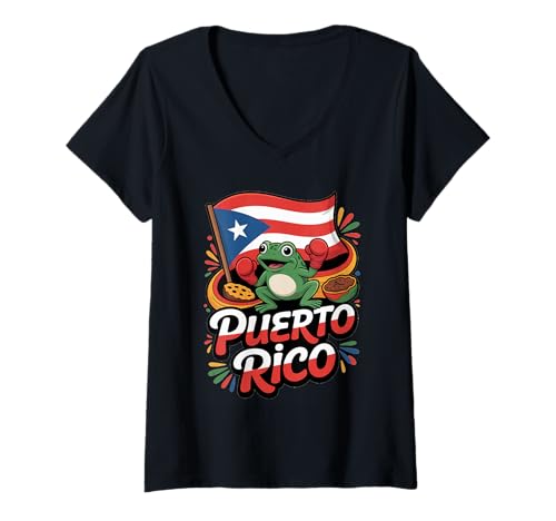 Damen Puerto Rico Boxmeister Coquí Frog T-Shirt mit V-Ausschnitt von Puerto Rican pride design