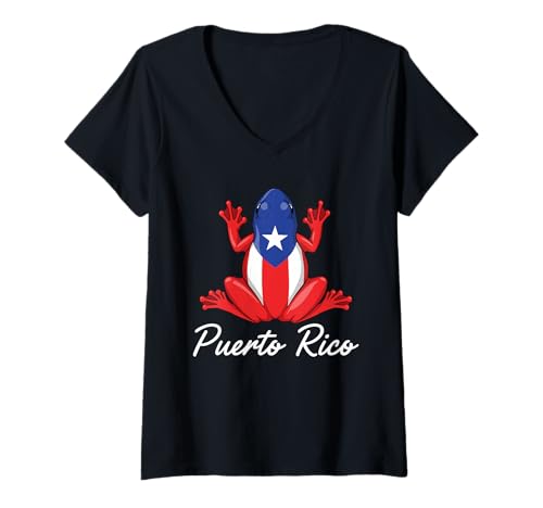 Damen Puerto Rico Flagge Taino Boricua Coqui Frosch Puerto Rico T-Shirt mit V-Ausschnitt Damen Puerto Rico Flagge Taino Boricua Coqui Frosch Puerto Rico T-Shirt mit V-Ausschnitt von Puerto Rico Flagge Hispanic Heritage Monat