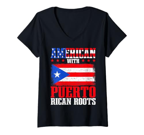 Damen Amerikanische Flagge mit Puerto-ricanischen Wurzeln Puerto Rico Pride Flagge T-Shirt mit V-Ausschnitt von Puerto Rico Roots Proud American Heritage