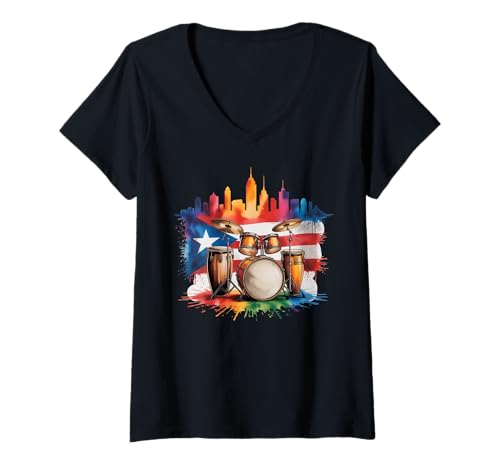 Damen Salsa Drums and Congas Puerto Rico Skyline Flagge T-Shirt mit V-Ausschnitt Damen Salsa Drums and Congas Puerto Rico Skyline Flagge T-Shirt mit V-Ausschnitt von Puerto Rico Salsa Bomba Plena Boricua Music