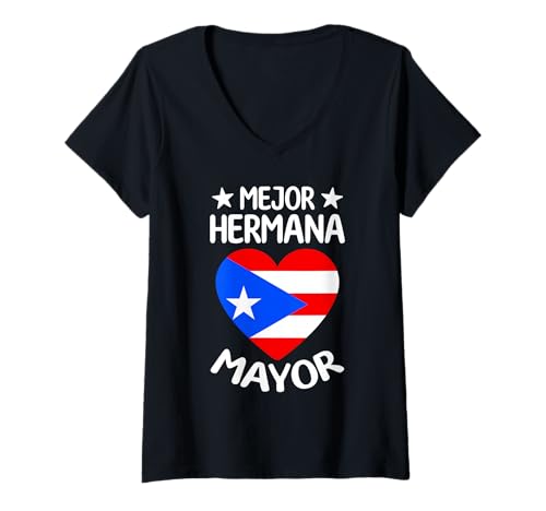 Damen Mejor Hermana Mayor Puerto Rico Herzflagge T-Shirt mit V-Ausschnitt von Puerto Rico Sister Pride Heart Edition
