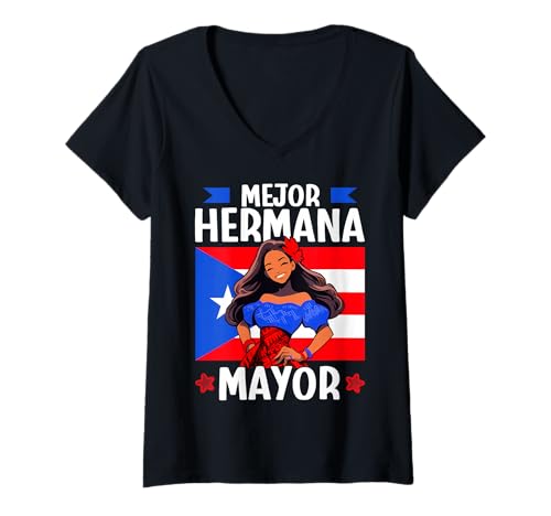 Damen Ausgabe von Mejor Hermana Mayor Queen Flag Edition von Puerto Rico T-Shirt mit V-Ausschnitt von Puerto Rico Sister Pride Mayor Edition