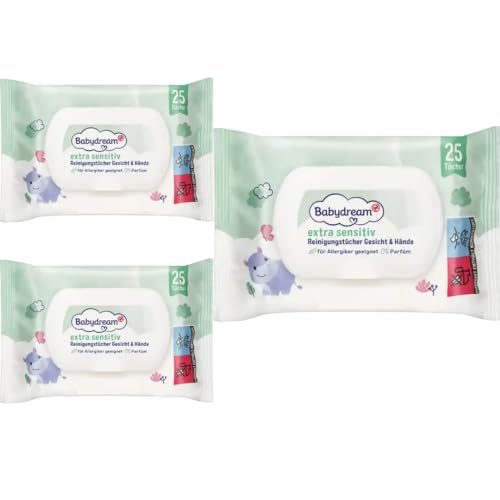 Babydream Extra sensitive Reinigungstücher Gesicht & Hände Feuchttücher Tücher 25 Stück x 3 Packs von Pufai