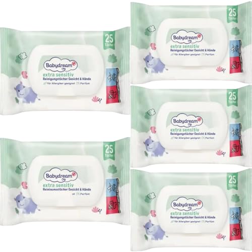Babydream Extra sensitive Reinigungstücher Gesicht & Hände Feuchttücher Tücher 25 Stück x 5 Packs von Pufai