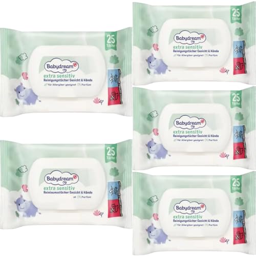 Babydream Extra sensitive Reinigungstücher Gesicht & Hände Feuchttücher Tücher 25 Stück x 5 Packs Babydream Extra sensitive Reinigungstücher Gesicht & Hände Feuchttücher Tücher 25 Stück x 5 Packs von Pufai