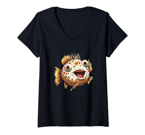 Damen Lachender Kugelfisch T-Shirt mit V-Ausschnitt Damen Lachender Kugelfisch T-Shirt mit V-Ausschnitt von Puffer Fish Outfit