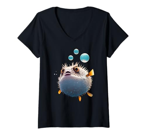 Damen Kugelfisch-Blasen T-Shirt mit V-Ausschnitt Damen Kugelfisch-Blasen T-Shirt mit V-Ausschnitt von Pufferfish Blowfish Puffer Fish