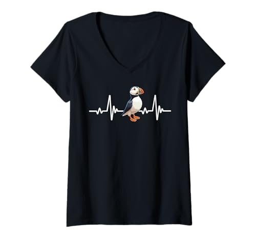 Damen Pauschzentner Herzschlag T-Shirt mit V-Ausschnitt von Puffin Blume Papageientaucher Mutter