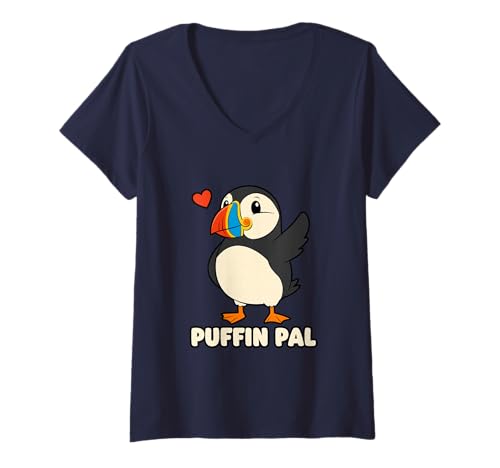Damen Papageitaucher Freund Puffin Kumpel Freundlich Süß Kinder T-Shirt mit V-Ausschnitt von Puffin Tierliebhaber Island Schottland Seevögel